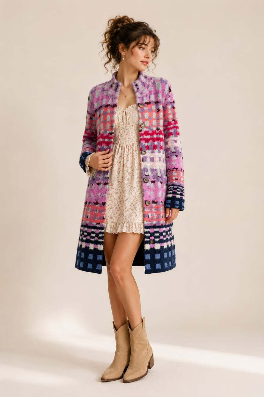 NIC+ZOE Reef Drive Brushed Cardigan Sweater Coat Pink Purple Geometric Knit M
